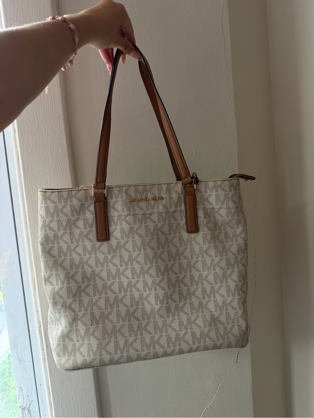 Michael Kors Cream MK Logo Tote with Brown Leather Handles